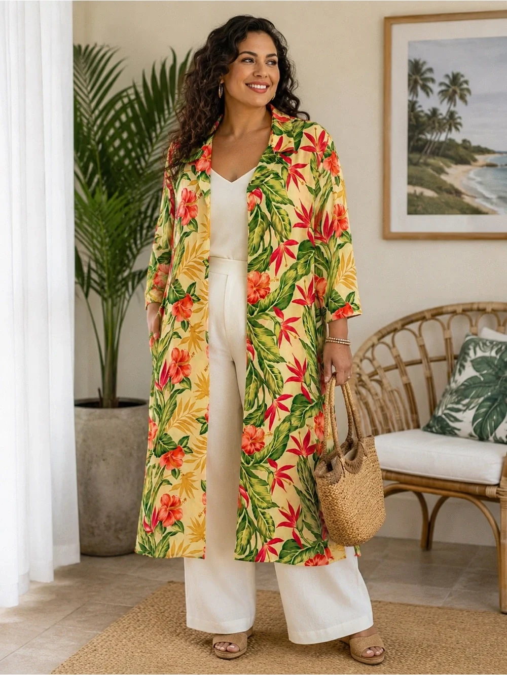 Leslie Fay Tropical Floral Long Duster Kimono Resort Beach Cruise Cover Up